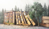 Library concept. Fantasy literature. Stack of old books as street of the city. 3d illustration