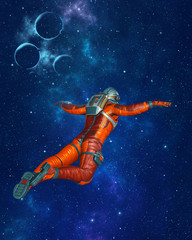 Astronaut floating in outer space with stars and planets. 3D rendering.