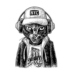 Cat to headphones dressed in the hoodie. Vintage black engraving