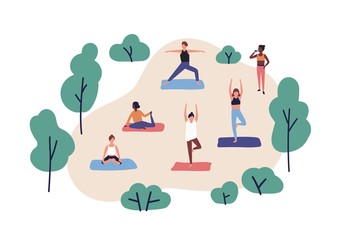 Funny people practicing yoga in park. Group of cute men and women performing gymnastic exercise outdoor. Aerobics training, fitness or sports activity. Flat cartoon colorful vector illustration.