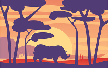Beautiful scene of nature, peaceful African landscape with rhinoceros at evening time, template for banner, poster, magazine, cover horizontal vector Illustration
