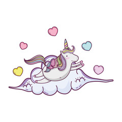 cute fairytale unicorn with hearts in cloud