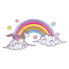 cute fairytale unicorn with rainbow and clouds