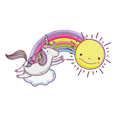 cute fairytale unicorn with rainbow and sun