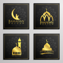 Ramadan Kareem and Eid Mubarak set of emblems typography, arabic calligraphy, dome, mosque, moon and arabian prayer, traveller on camels  for islamic icon greeting banner design. 