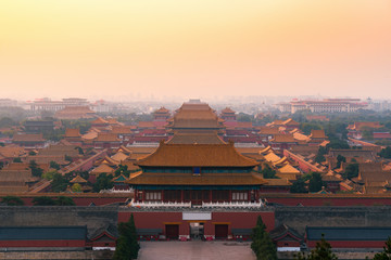 Aerial view of Beijing forbidden city scenery at sunset in China.