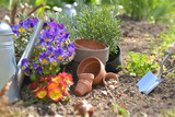 flowerpots and seeds with shovel planting in the soil in a garden in spring