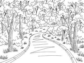 Forest road graphic black white landscape sketch illustration vector