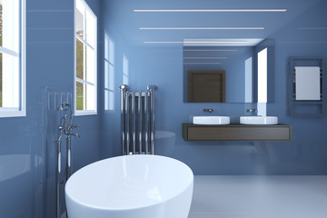 Bathroom with large mirror, steel radiator and wide sinks.. 3D rendering