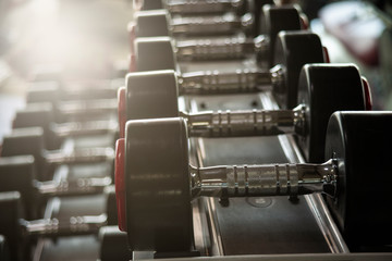 Rows of dumbbells in the gym for training equipment in fitness