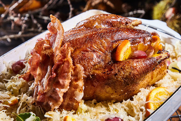 Roasted pheasant with crispy bacon