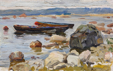 Two boats at the rocky shore