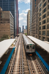 Chicago, USA: August 18, 2018: Elevated Railway Train and Station, Chicago