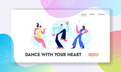 Young People Dancing on Disco Party. Man and Girls Spending Time Together Moving to Music Rhythm, Happy Leisure and Sparetime. Website Landing Page, Web Page. Cartoon Flat Vector Illustration, Banner