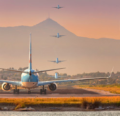 Airplane taking off. A big passenger or cargo aircraft, airline flying. Transportation.