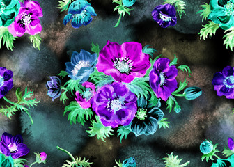 Anemone flowers seamless pattern, watercolor illustration on black background. Floral spring print for fabric and other designs.