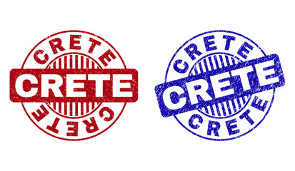 Grunge CRETE round stamp seals isolated on a white background. Round seals with grunge texture in red and blue colors. Vector rubber imprint of CRETE label inside circle form with stripes.