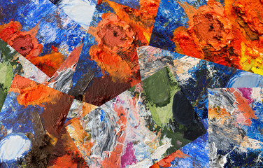 Abstract collage of fragments of the artist's palette with oil paint