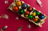 Many quail and chicken eggs colored for the Easter in an egg tray on a dark pink or fuchsia background. Top view. Copy space. Christian easter concept