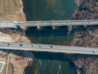 Top drone view of bridge over Bistraya Sosna River in Yelets