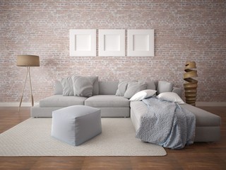 Mock up an unusual living room with a large corner sofa and a brick wall background.