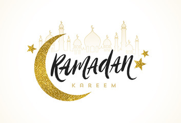 Ramadan Kareem greeting card - Brush calligraphy greeting, glitter gold moon, star and silhouette of mosque. Vector illustration.