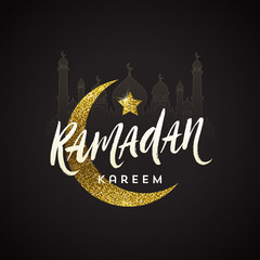 Ramadan Kareem greeting card - Brush calligraphy greeting against a glitter gold moon, star and silhouette of mosque. Vector illustration.