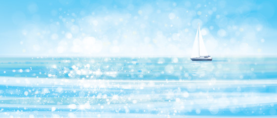 Vector blue sea sunshine background and yacht.