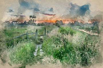 Watercolour painting of Beautiful vibrant Summer sunrise over English countryside landscape
