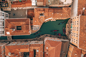 Epic panoramic aerial cityscape of Venice with Santa Maria della Salute church and Rialto bridge in Veneto, Italy 