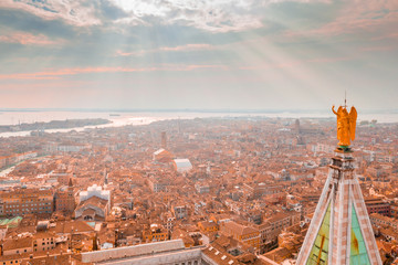 Epic panoramic aerial cityscape of Venice with Santa Maria della Salute church and Rialto bridge in Veneto, Italy 