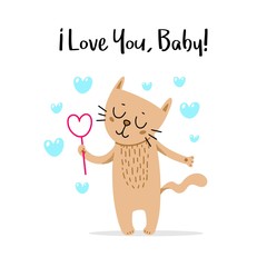 Cute yellow cat with love bubbles. Happy Valentine`s day love vector greetings card