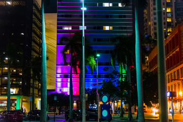 Colorful building in downtown Miami at night