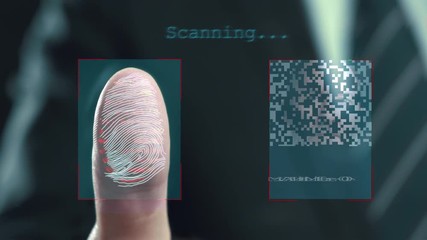 Futuristic digital processing of fingerprints as man holds his hand against a  modern fingerprint scanner. Futuristic digital technology and transparent citizen concept.