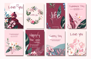 pink vector card with illustration couple, leaves, flower. Tropic design concept. Romantic cute poster, flyer, wedding invite. decorative greeting card or invitation background