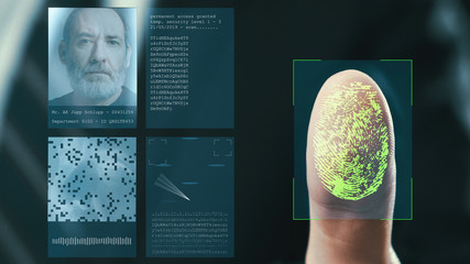 Futuristic digital processing of fingerprints as man holds his hand against a modern fingerprint scanner. Futuristic digital technology and transparent citizen concept.