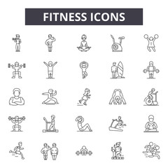 Fitness line icons, signs set, vector. Fitness outline concept illustration: gym,diet,fitness,weight,exercise,muscle,sport
