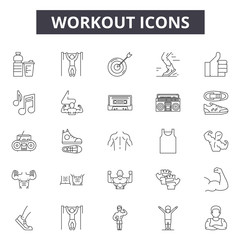 Workout line icons, signs set, vector. Workout outline concept illustration: gym,fitness,sport,exercise,training,workout,health,equipment,weight