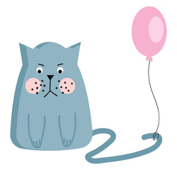 An angry cat with a balloon tied to its tail vector or color illustration