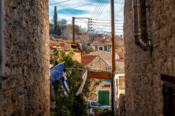Lofou, view over village through narrow street. Limassol District, Cyprus