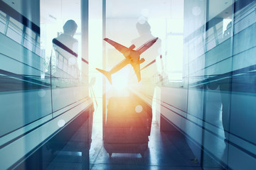 Silhouettes of businessman at the airport who waits for boarding. Double exposure