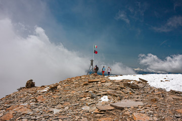 Some hikers near the Quintino Sella refuge, on the Monte Rosa glacier, in Italy.