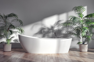 Modern bright bathroom interiors 3D rendering illustration