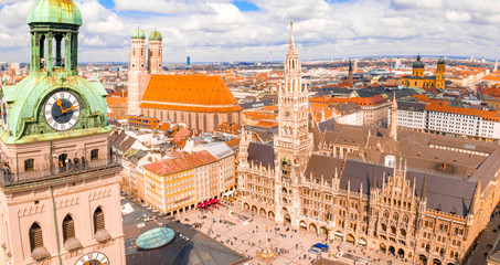 Aerial view of the cathedral Frauenkirche in Munich, Germany during beautiful spring day