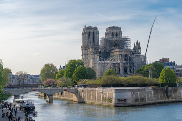 Paris, France - 04 17 2019: The day after the fire at Notre-Dame Cathedral