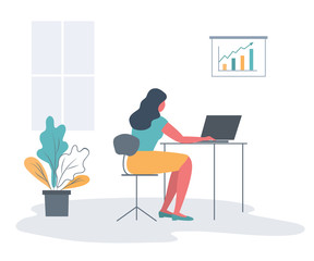 Office worker in the workplace. Back view. Young woman is sitting at the desk on a window background. There is a laptop, a diagram and a flower in the picture. Funky flat style. Vector