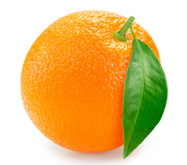 Fresh orange with leaf on white background