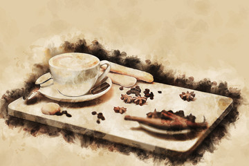 A drawn cup of coffee is on the tray