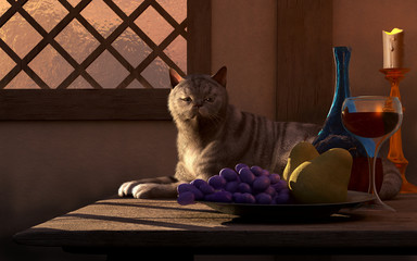 A fat grey cat sits on a wooden table with wine, grapes, pears, and a lit candle.  Behind it, light shines through a wooden window into this antique styled kitchen. 3D Rendering