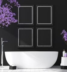 Modern bathroom interior with blossom tree, poster wall mock up, 3d render